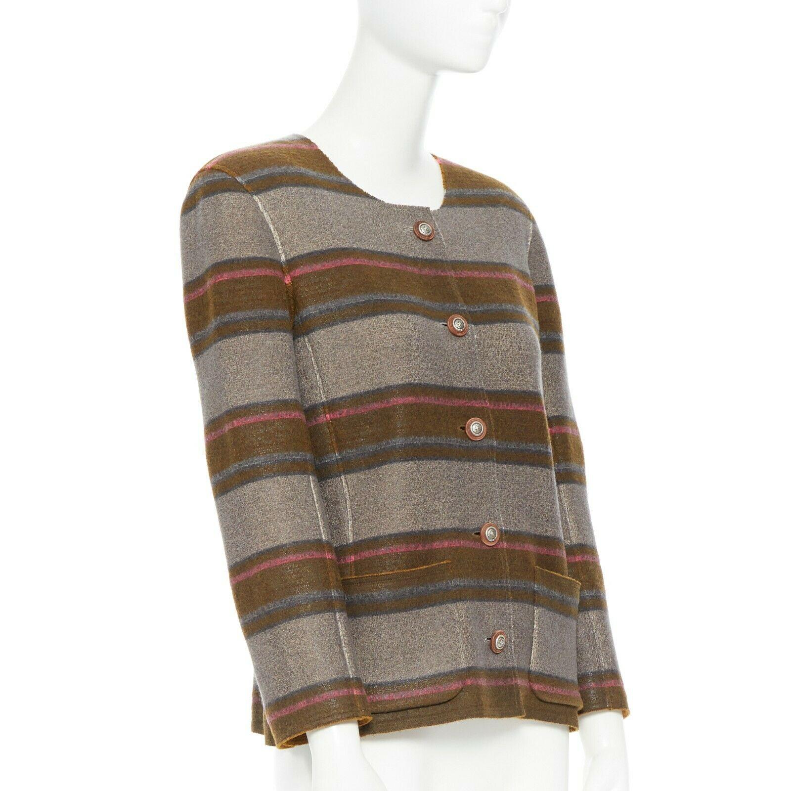 Gray runway CHANEL 14A brown stripe coated cashmere cowboy star button jacket FR44