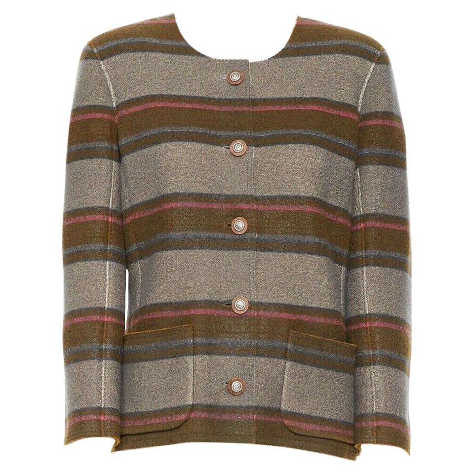 runway CHANEL 14A brown stripe coated cashmere cowboy star button jacket FR44