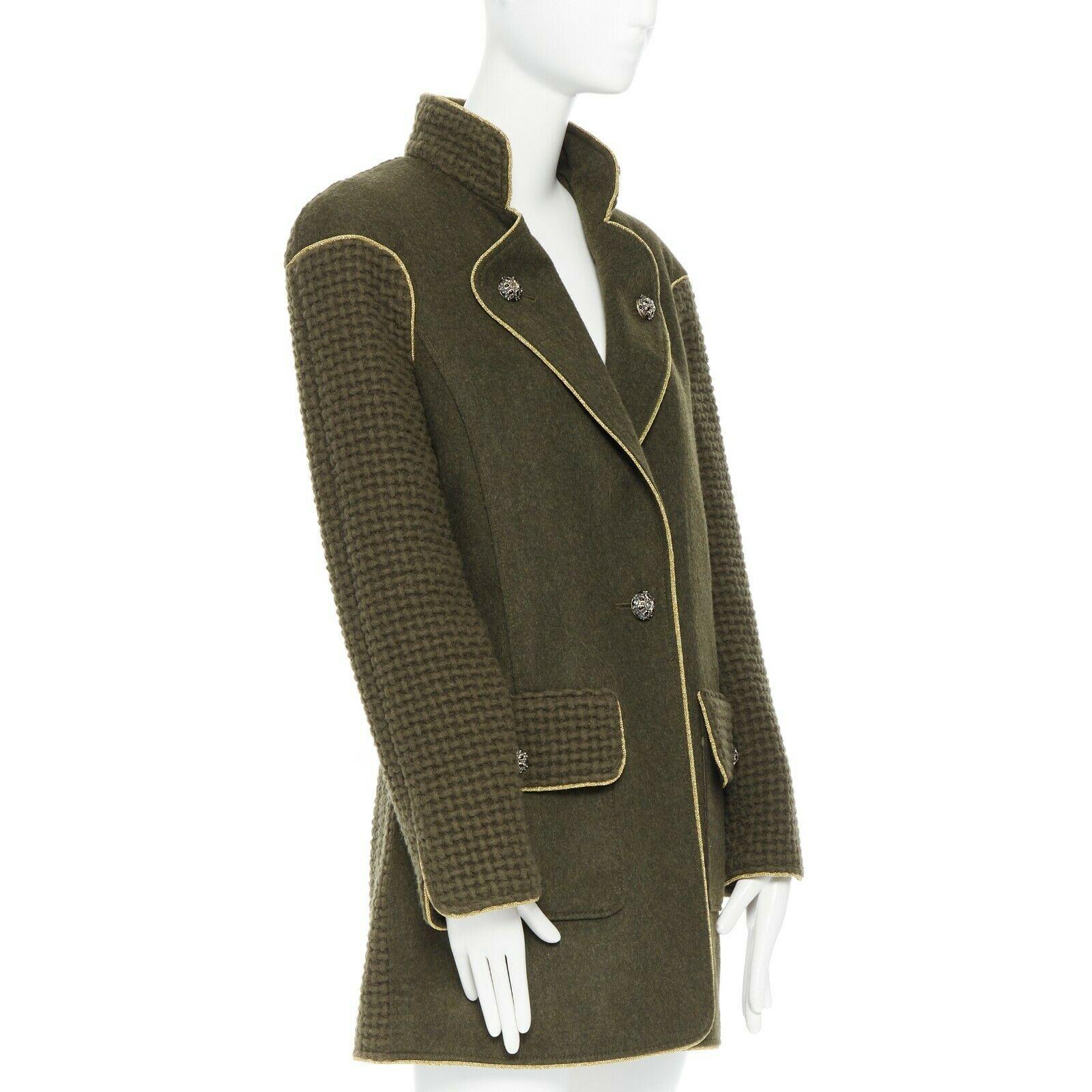 runway CHANEL 15A green mohair boucle knit bejewel button gold pipe coat FR44 In Excellent Condition In Hong Kong, NT