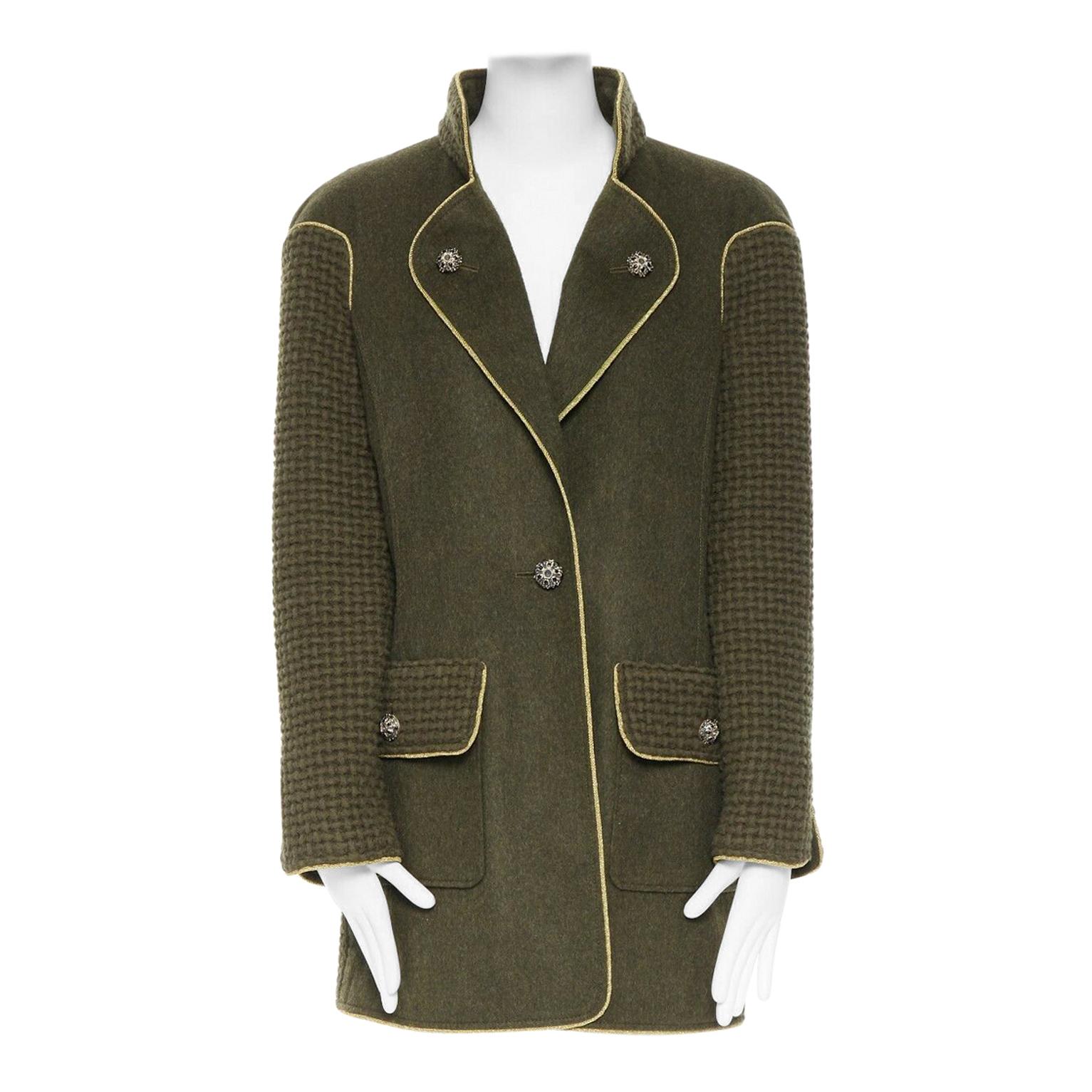 runway CHANEL 15A green mohair boucle knit bejewel button gold pipe coat FR44