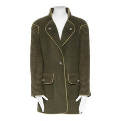 runway CHANEL 15A green mohair boucle knit bejewel button gold pipe coat FR44