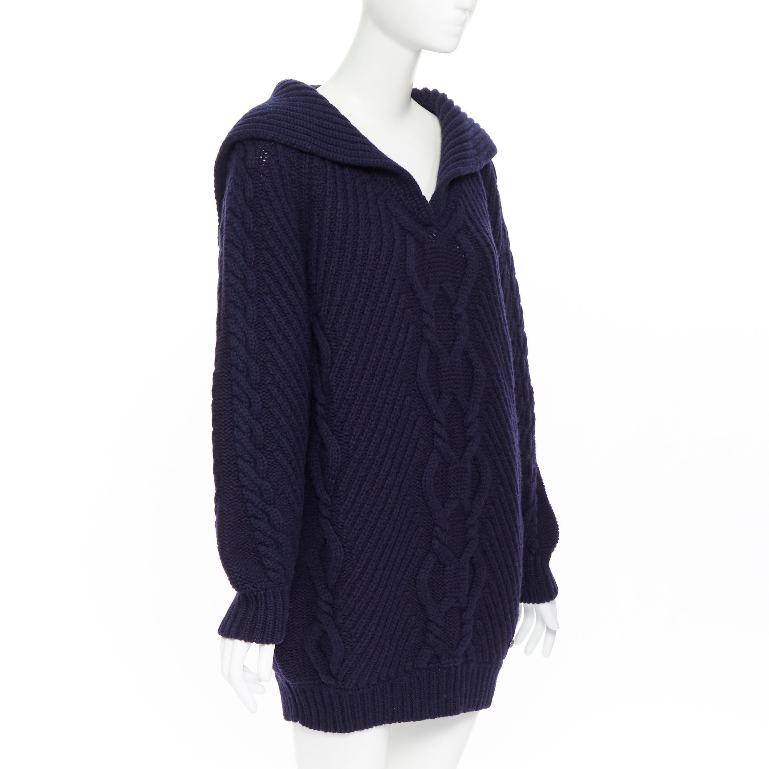 Black runway CHANEL 18A navy wool cashmere cable knit sailor collar sweater dress FR42