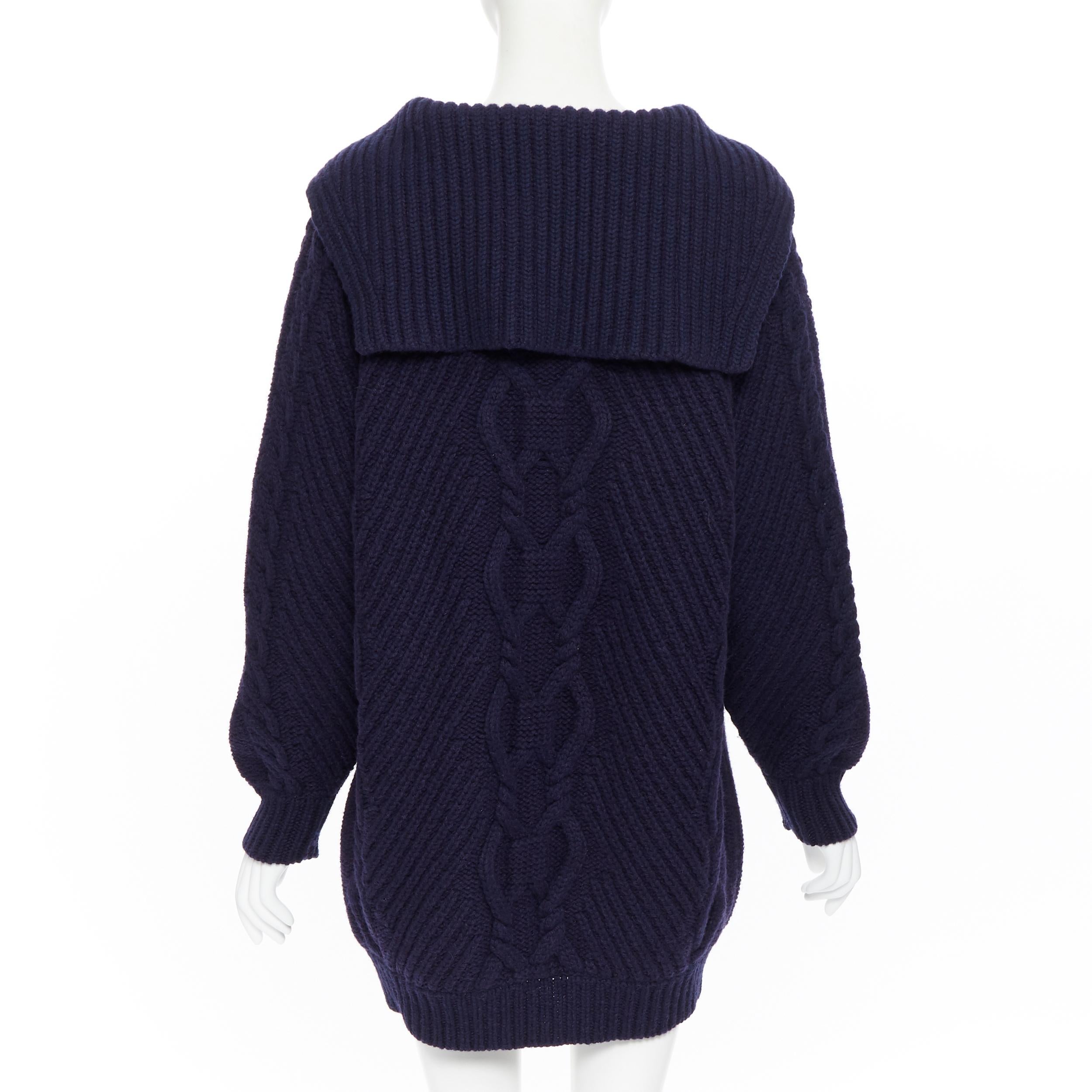 Women's runway CHANEL 18A navy wool cashmere cable knit sailor collar sweater dress FR42