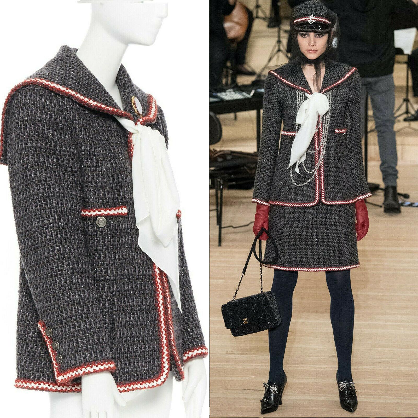 runway CHANEL 18A Paris-Hamburg grey fantasy tweed sailor collar jacket FR46
Brand: CHANEL
Designer: Karl Lagerfeld
Collection: 18A
Model Name / Style: Tweed jacket
Material: Acrylic and cotton
Color: Grey
Pattern: Solid
Closure: Button
Lining