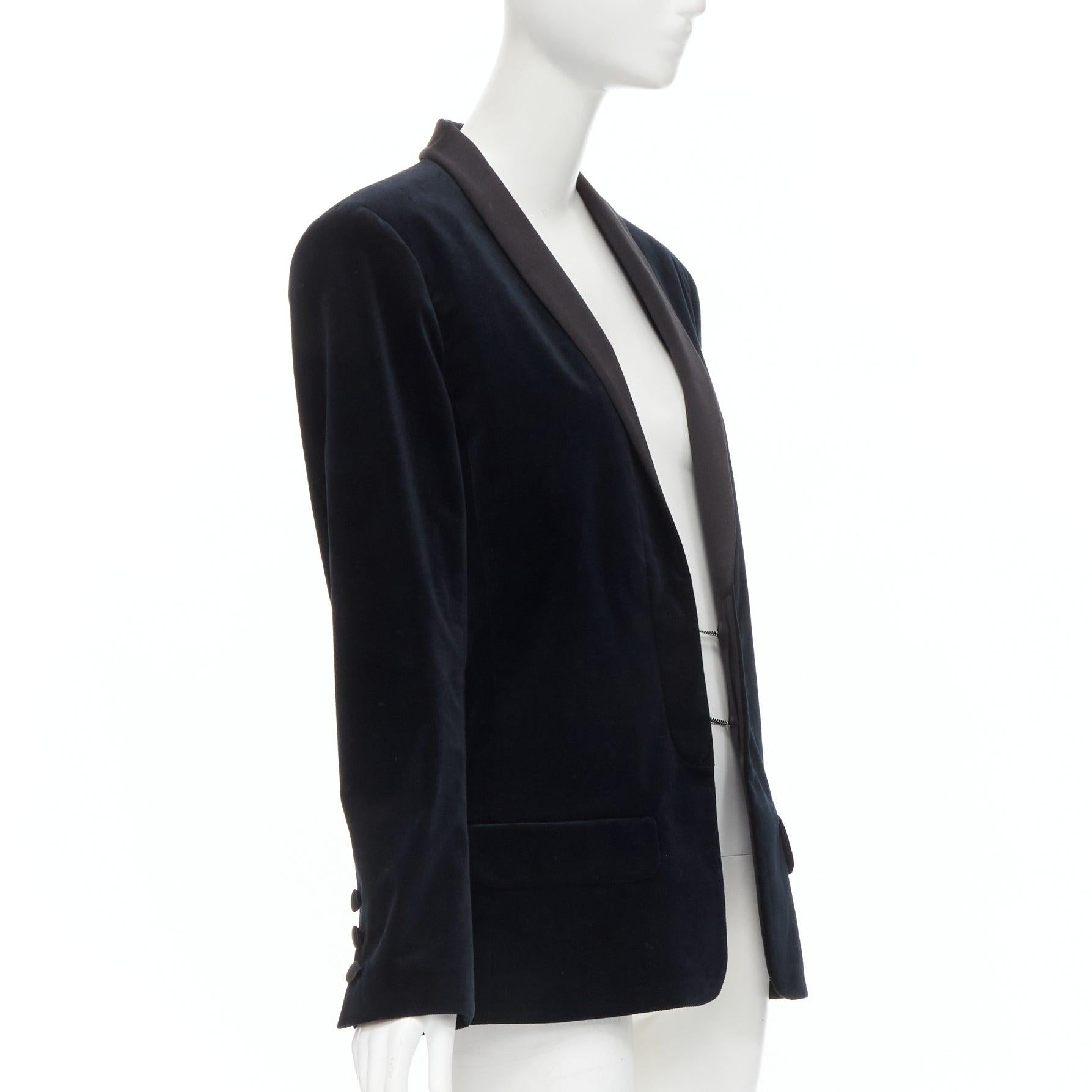 Black Runway CHANEL 18A Paris Hamburg Metier D'art navy velvet tuxedo blazer FR46 For Sale