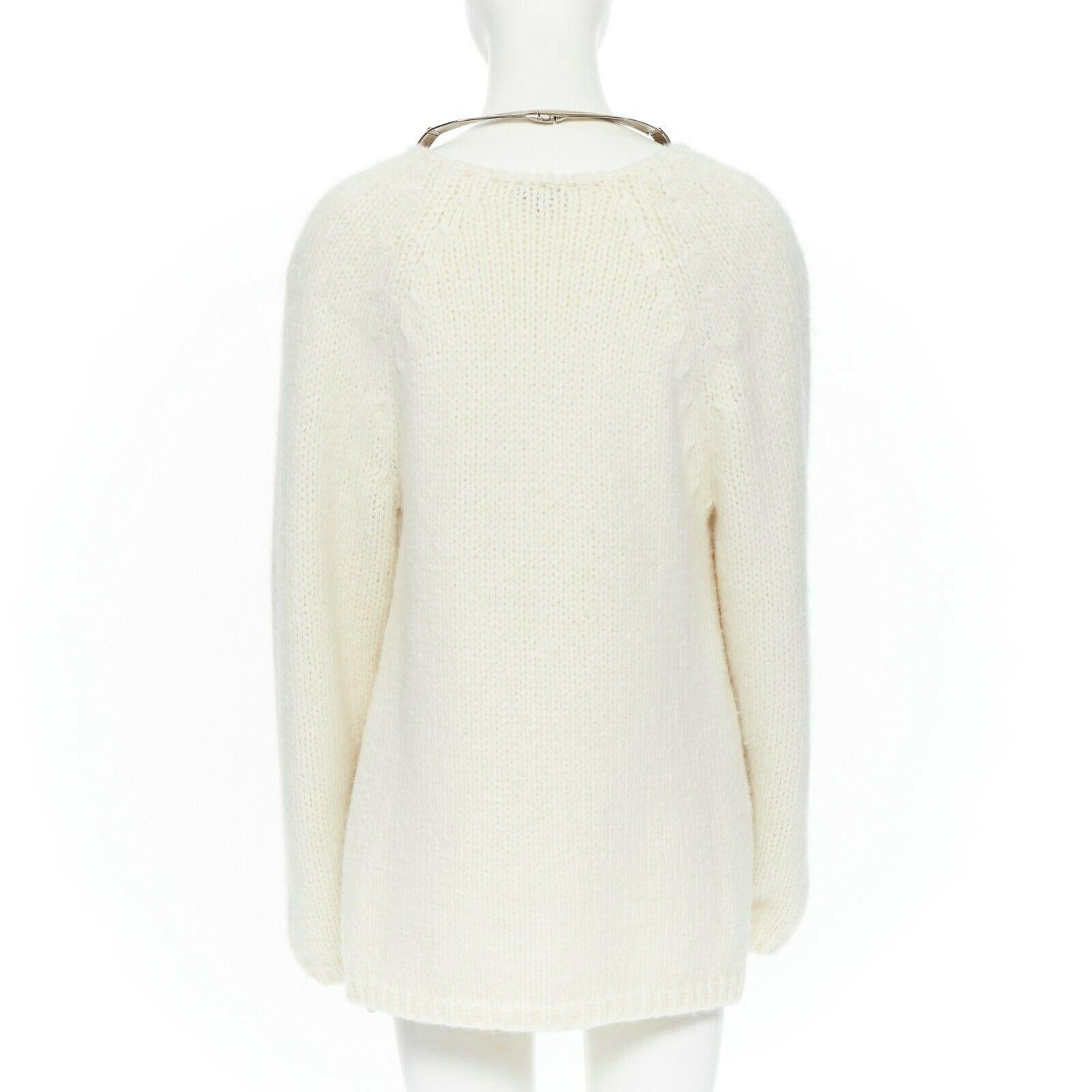 White runway CHANEL 18A white alpaca knit dual patch pocket oversized sweater FR42