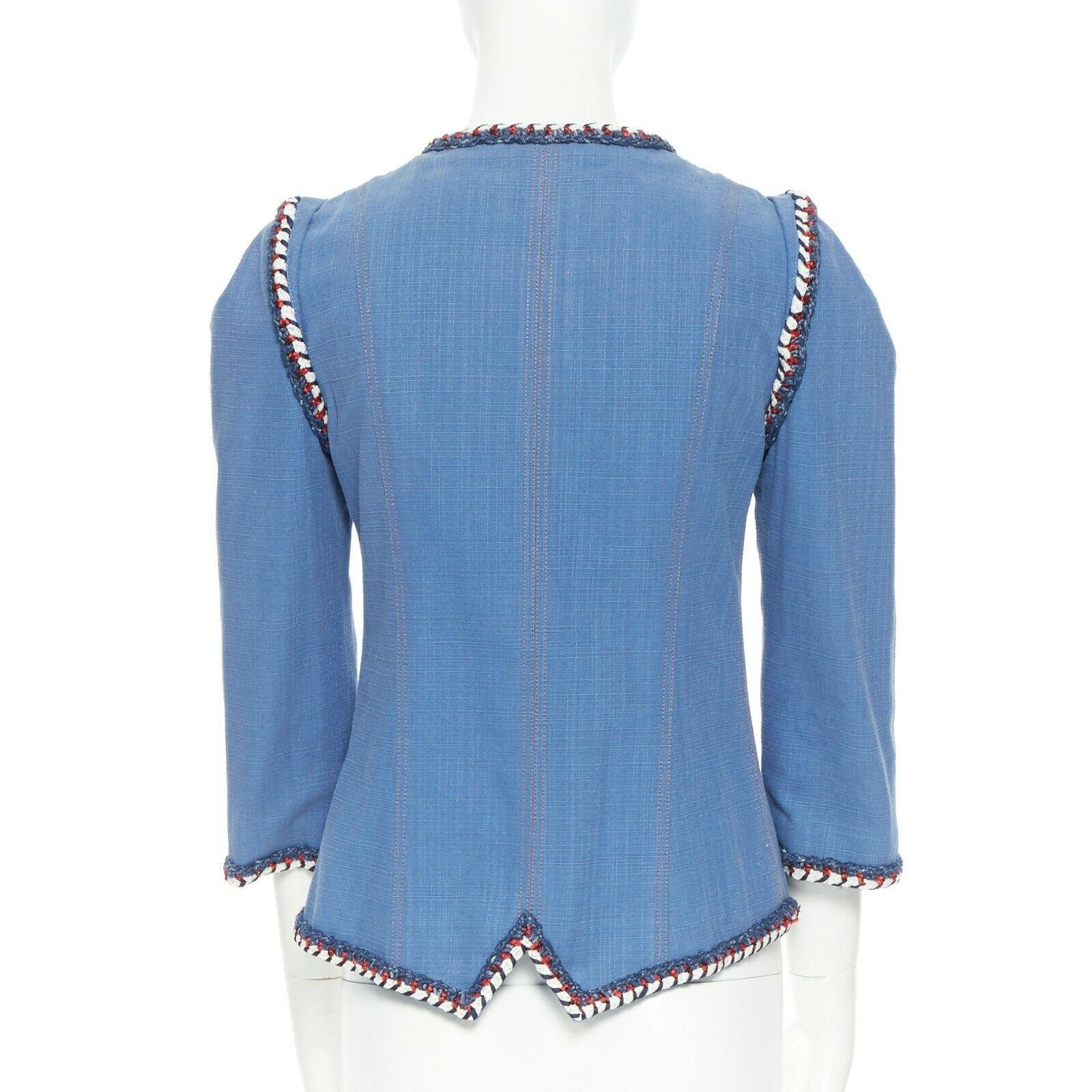 Women's runway CHANEL 2013 tweed trimmings 3/4 sleeves blue denim jacket FR34 XS