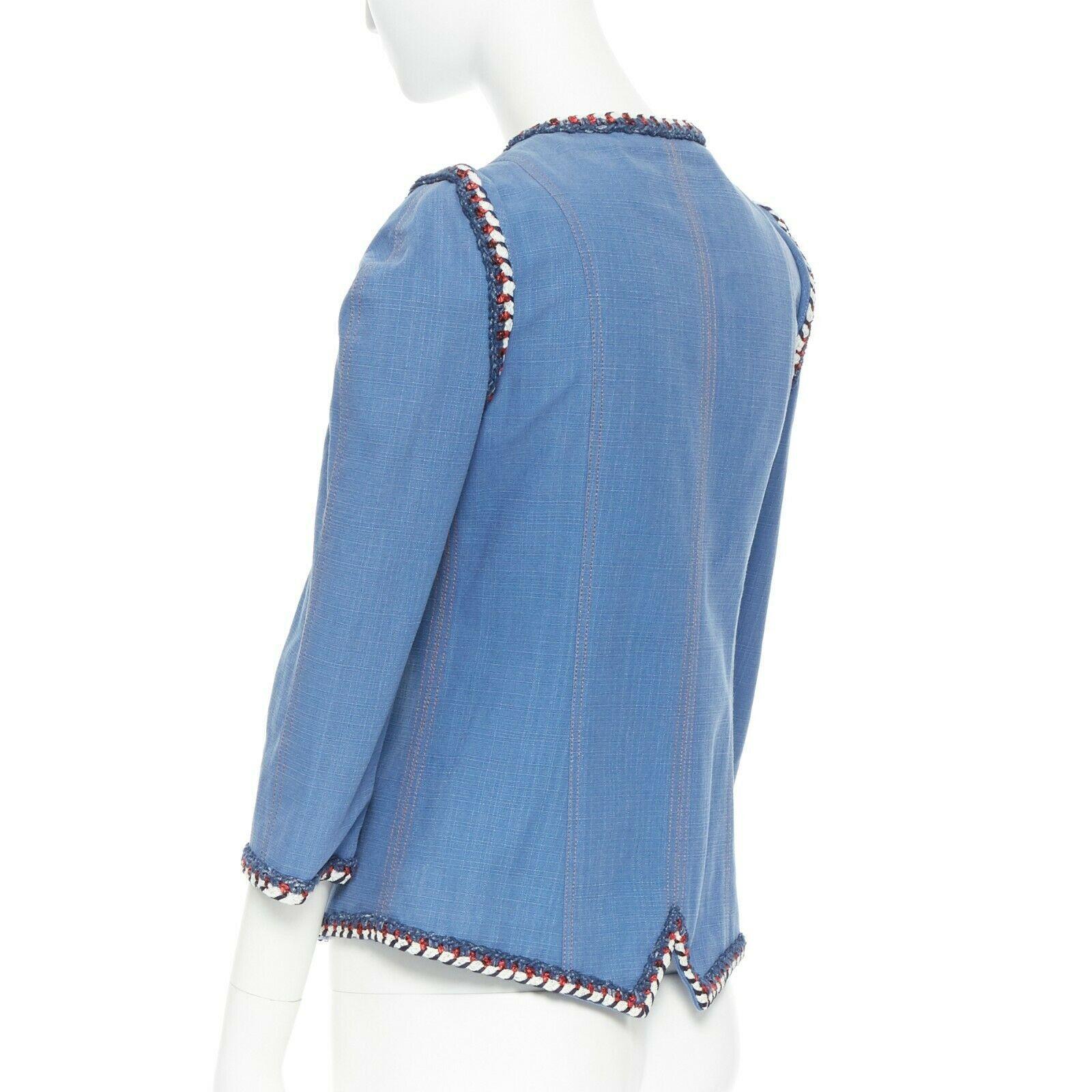 runway CHANEL 2013 tweed trimmings 3/4 sleeves blue denim jacket FR34 XS 1