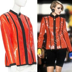 runway CHANEL 91P vintage red sequin black trim scuba suit zip CC jacket FR44