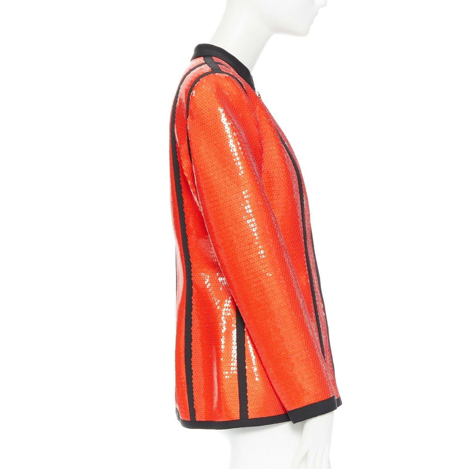 Red runway CHANEL 91P vintage red sequin black trim scuba suit zip CC jacket FR44
