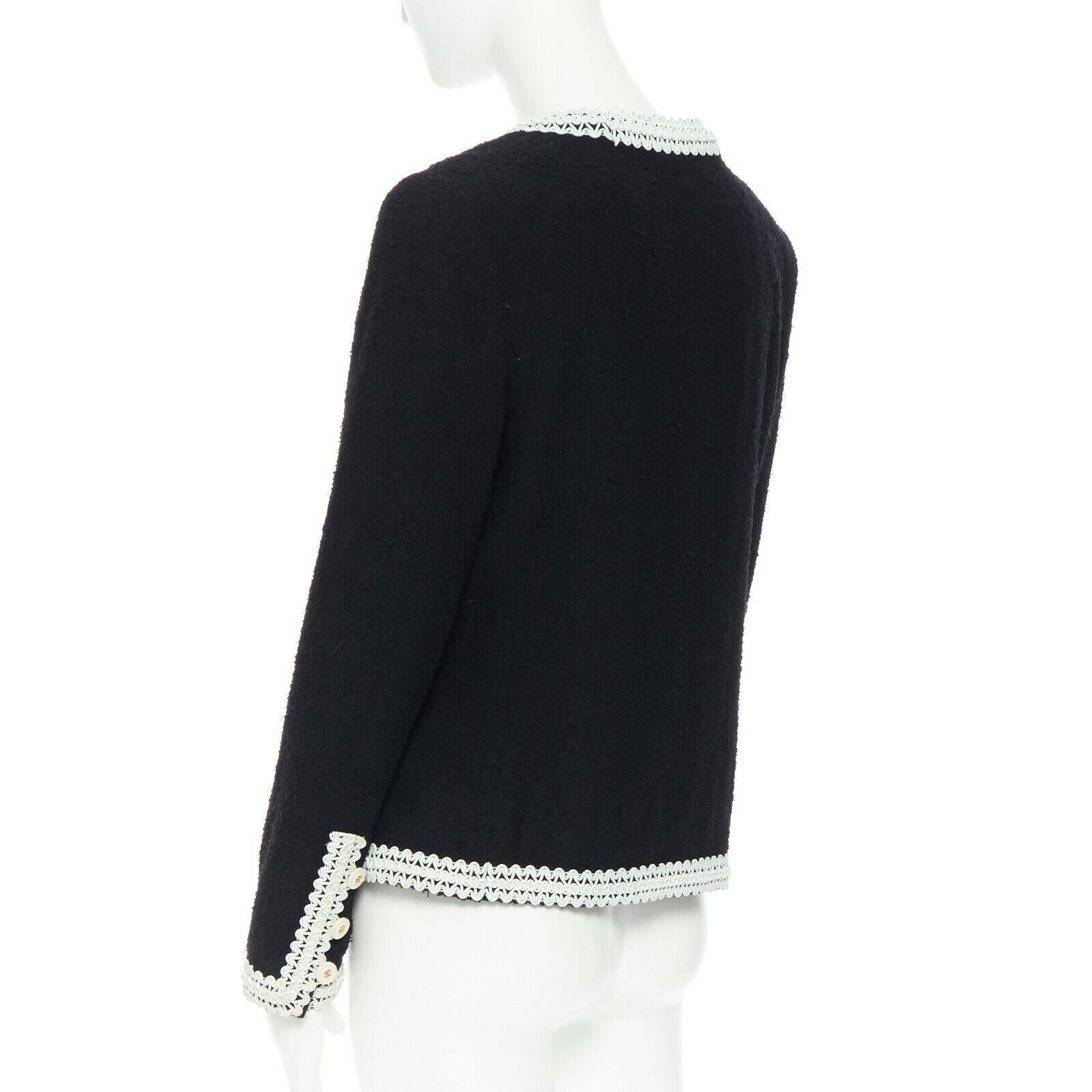 Women's runway CHANEL 94P iconic black boucle tweed white rubber braid jacket FR38 rare