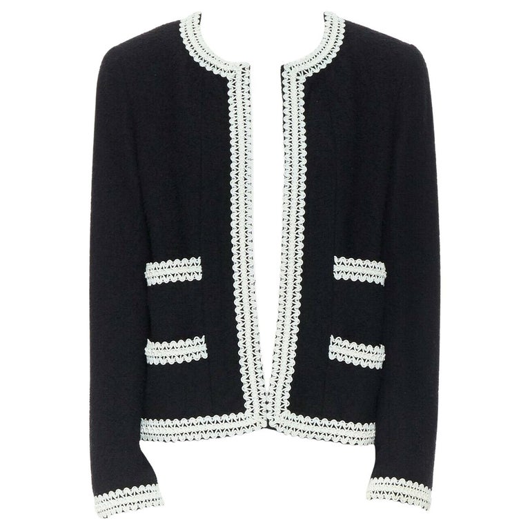 runway CHANEL 94P iconic black boucle tweed white rubber braid jacket FR38  rare at 1stDibs