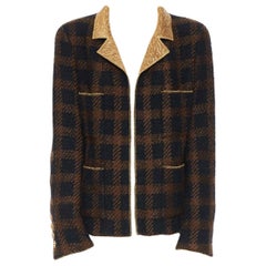 Vintage runway CHANEL 96A brown tweed brocade collar gripoix lame gold lapel jacket FR46
