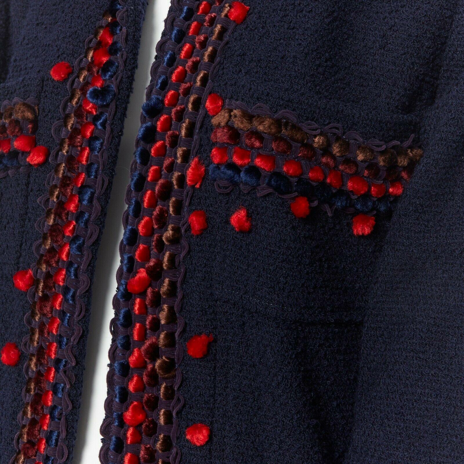runway CHANEL 97A blue wool tweed multicolor pom-pom adorned crop jacket FR44 5