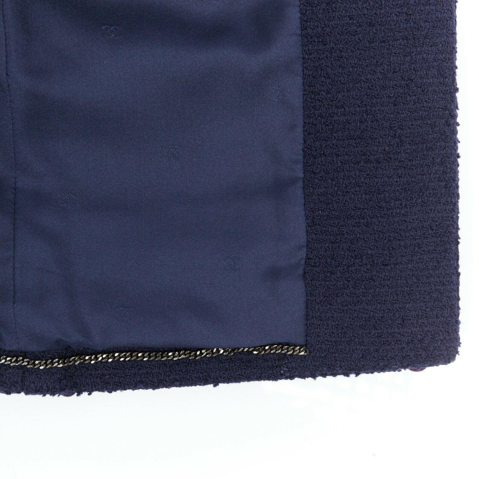 runway CHANEL 97A blue wool tweed multicolor pom-pom adorned crop jacket FR44 7