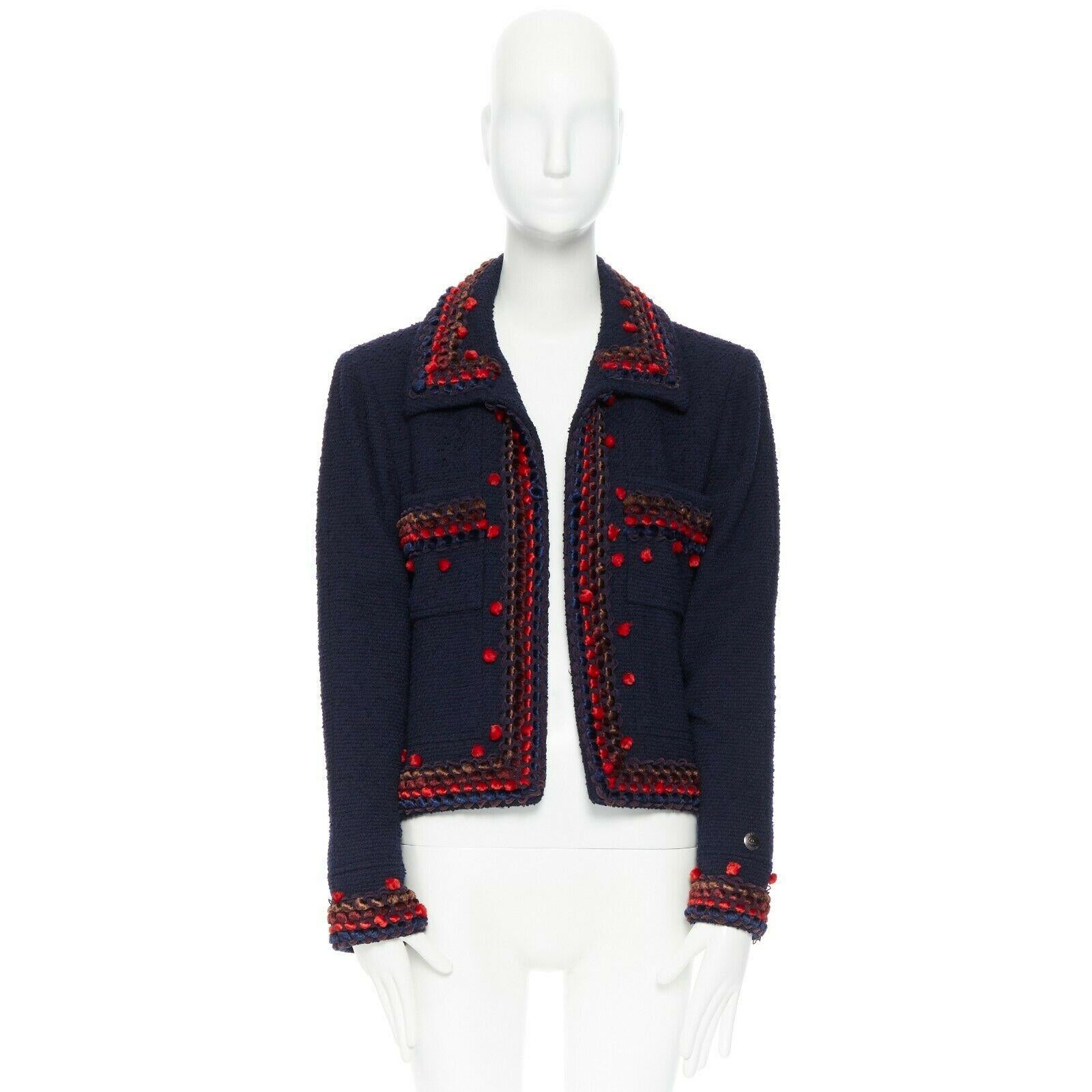runway CHANEL 97A blue wool tweed multicolor pom-pom adorned crop jacket FR44 In Excellent Condition In Hong Kong, NT