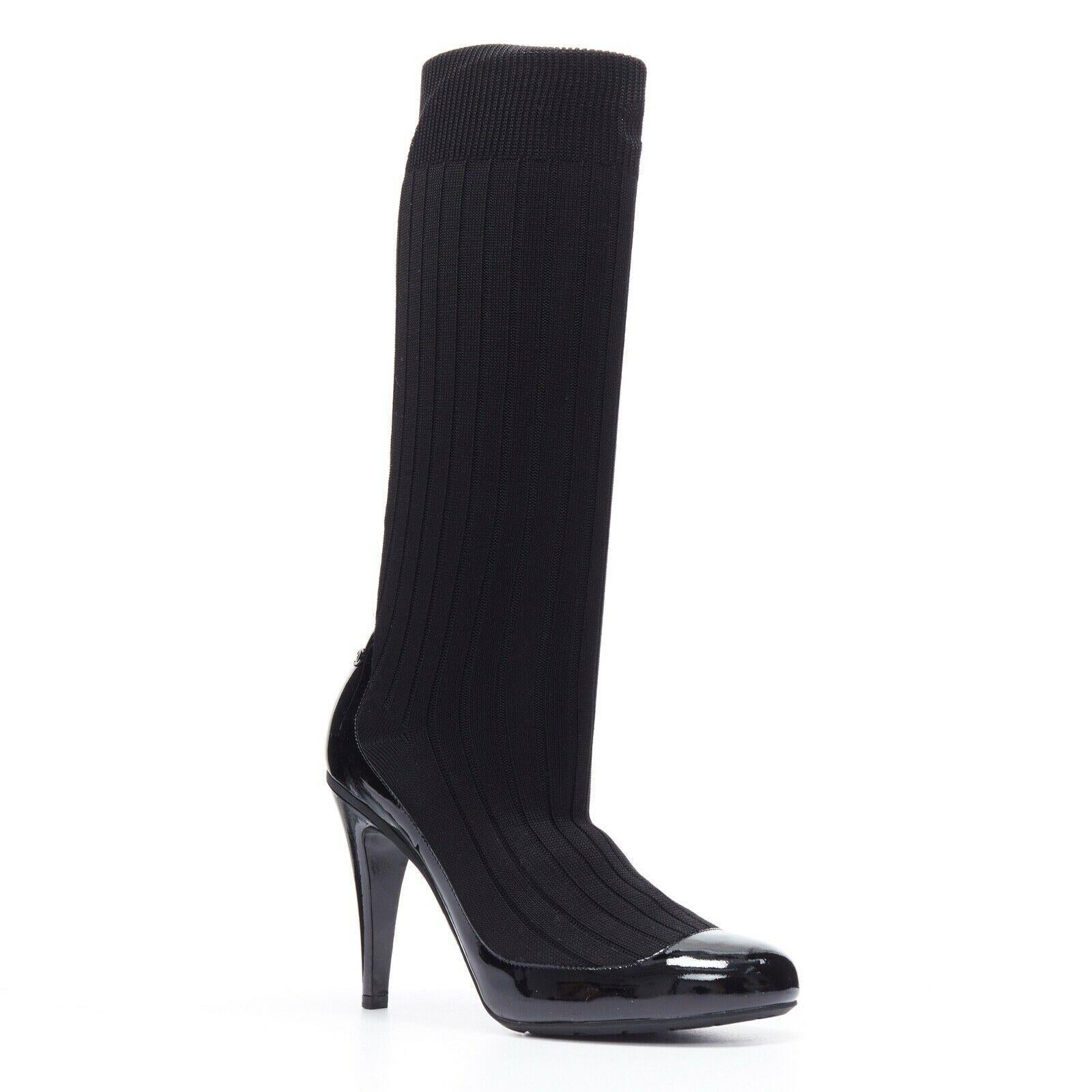 runway CHANEL black patent leather sock knit stretch heeled boots EU 39 ...