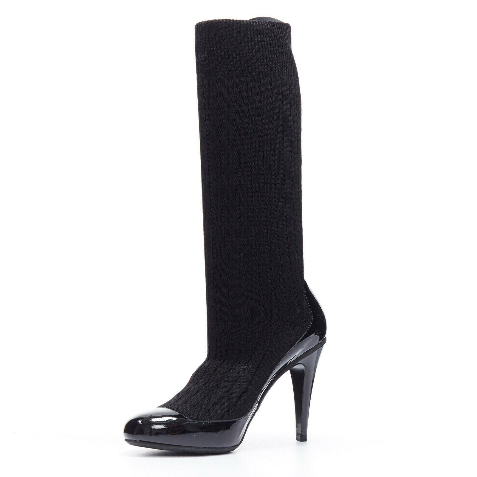 runway CHANEL black patent leather sock knit stretch heeled boots EU 39 ...