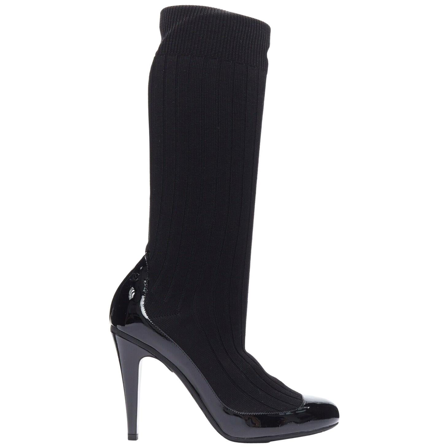 runway CHANEL black patent leather sock knit stretch heeled boots EU 39.5