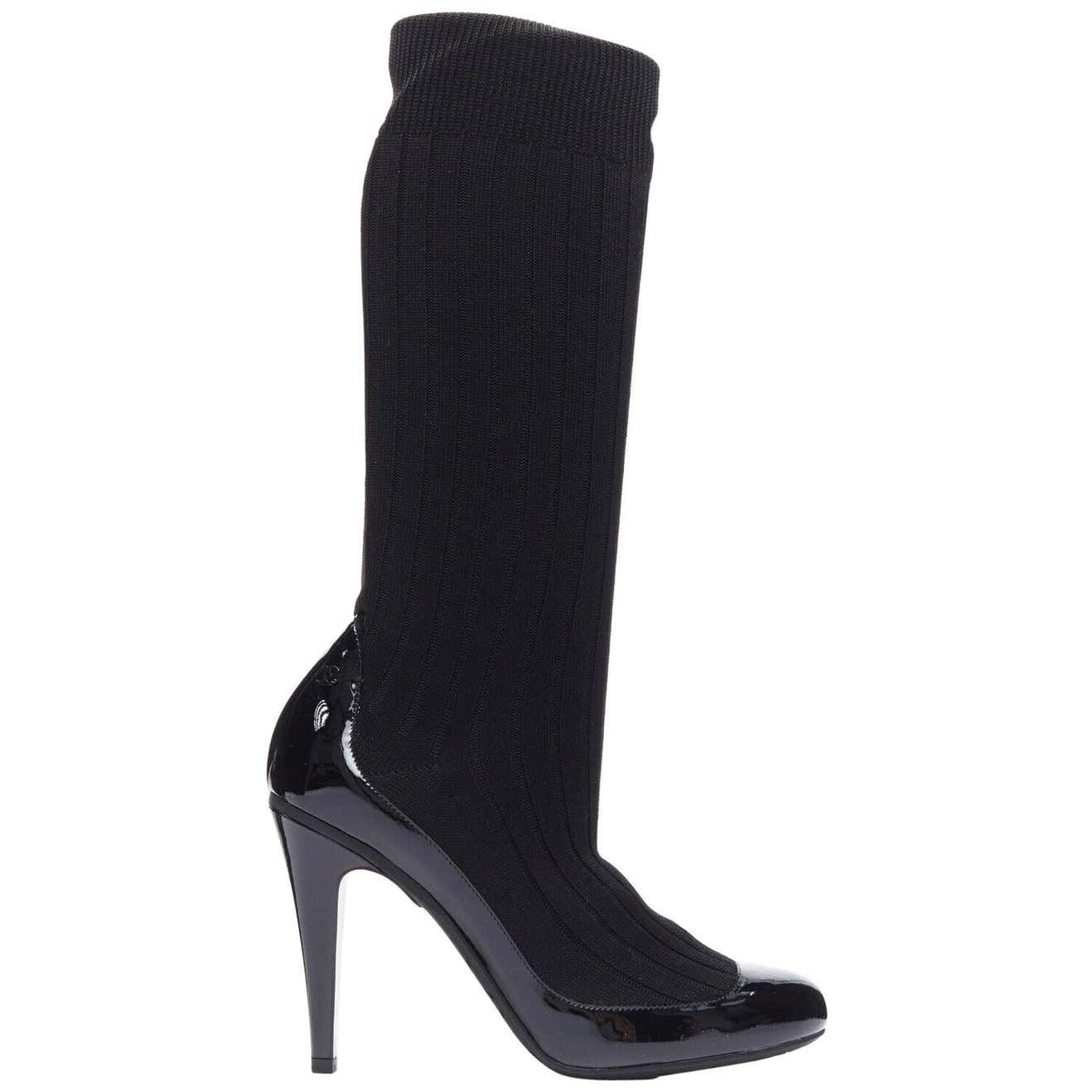 runway CHANEL black patent leather sock knit stretch heeled boots EU 39 ...