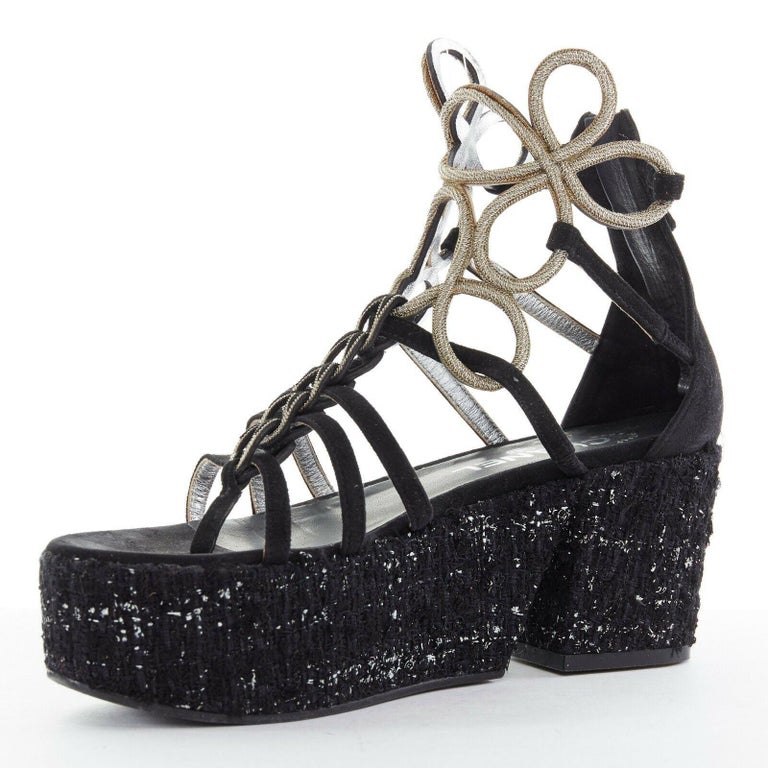 runway CHANEL black tweed platform gold metal strappy runway CHANEL black tweed platform gold metal strappy