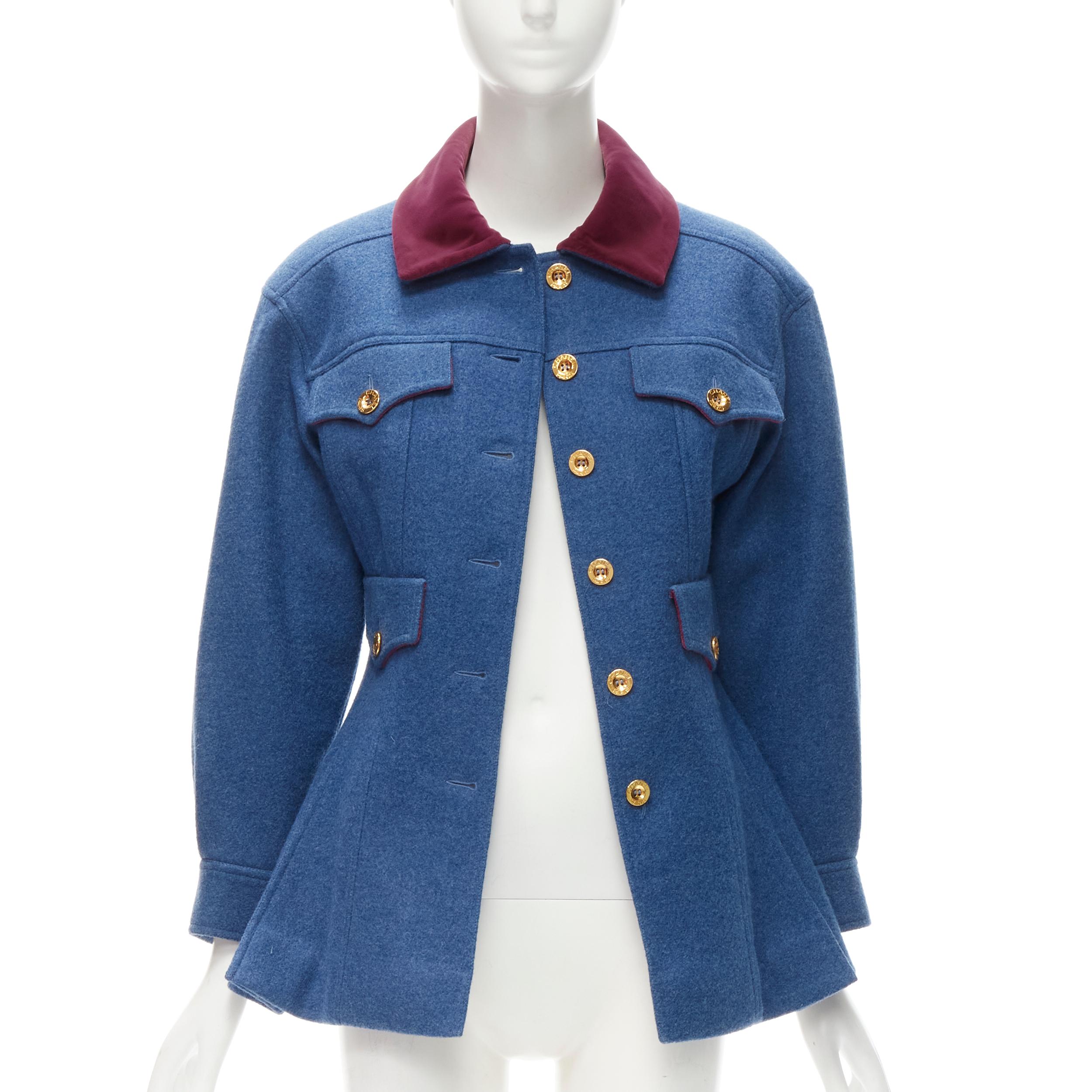 Runway CHANEL Collection 26 1991 Vintage blue wool flared military jacket FR36 S In Excellent Condition In Hong Kong, NT