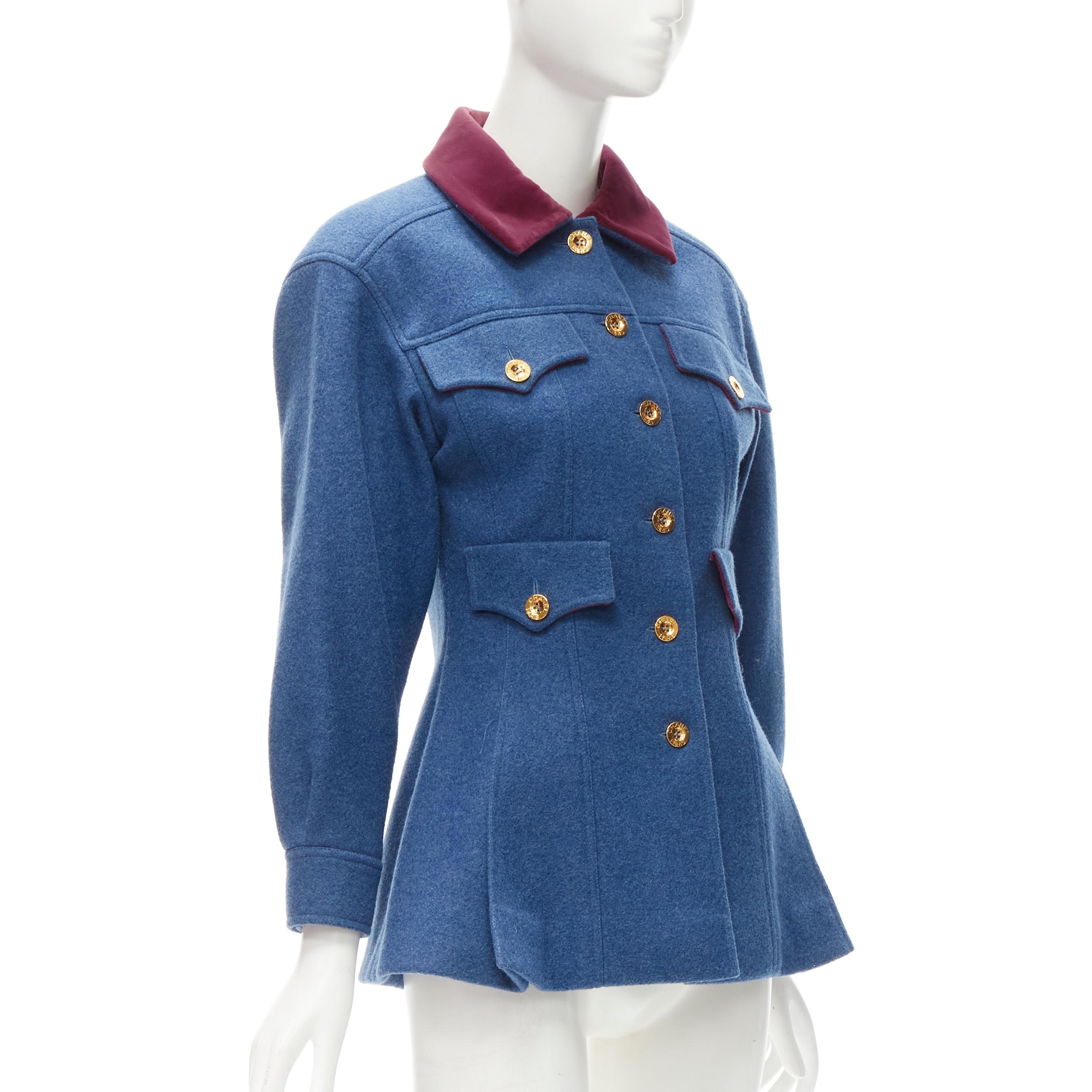 Women's Runway CHANEL Collection 26 1991 Vintage blue wool flared military jacket FR36 S