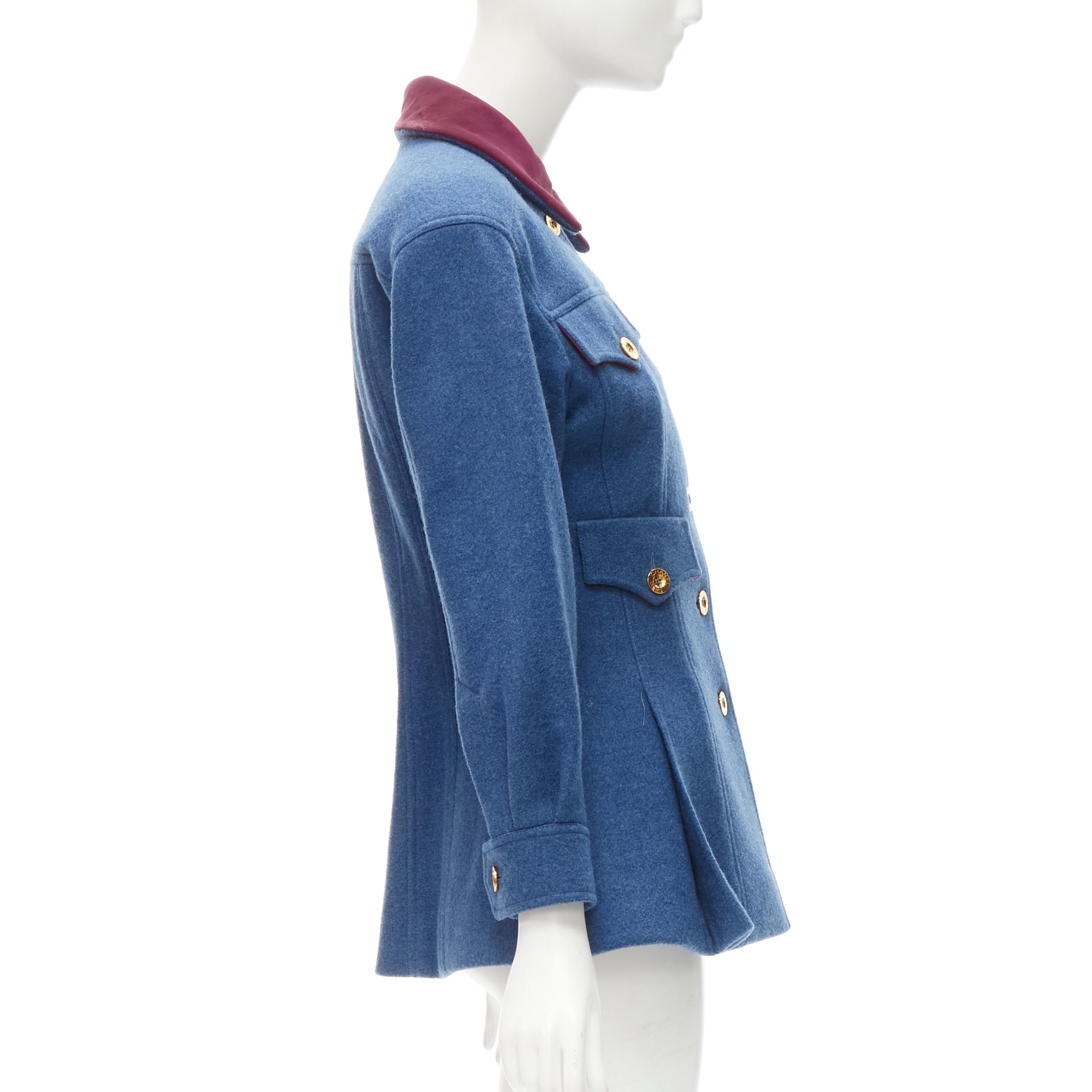 Runway CHANEL Collection 26 1991 Vintage blue wool flared military jacket FR36 S 1