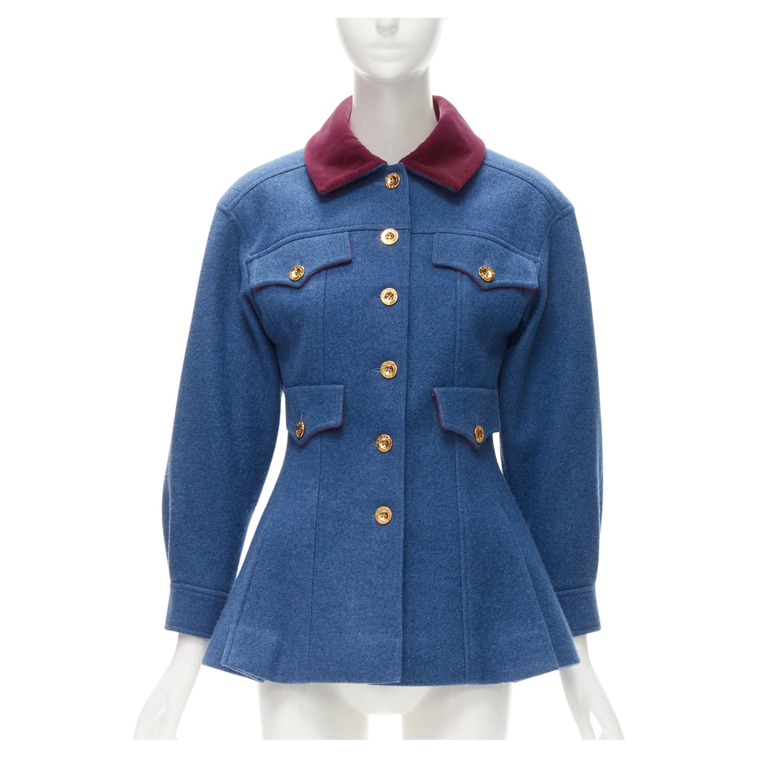 Runway CHANEL Collection 26 1991 Vintage blue wool flared military jacket FR36 S