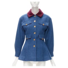 Runway CHANEL Collection 26 1991 Retro blue wool flared military jacket FR36 S