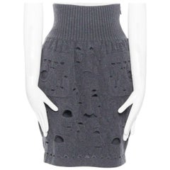 runway CHANEL KARL LAGERFELD AW14 grey wool knit high waist holes skirt FR38 M