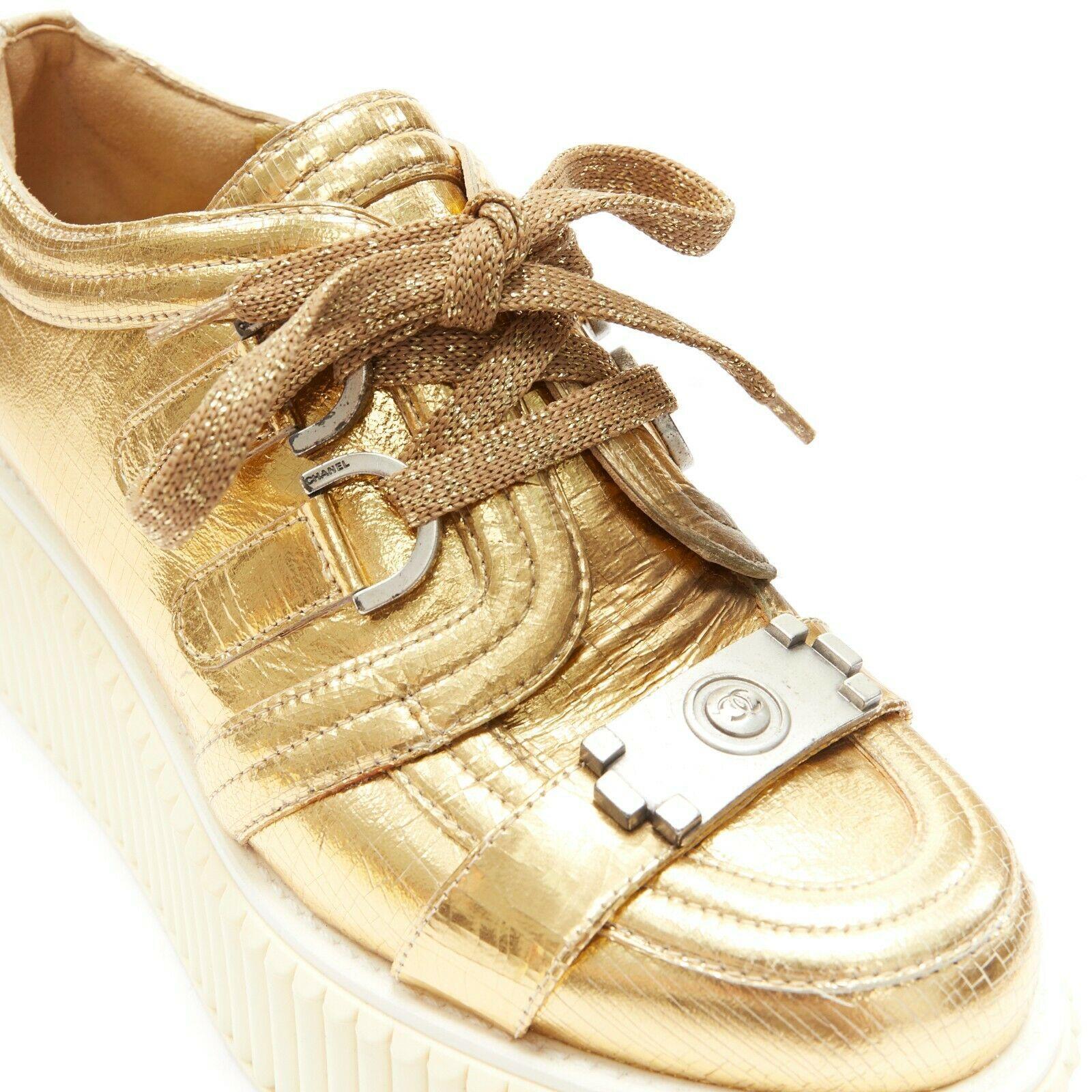 runway CHANEL metallic gold foil leather strapped toe platform creeper EU36 1