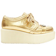 runway CHANEL metallic gold foil leather strapped toe platform creeper EU36