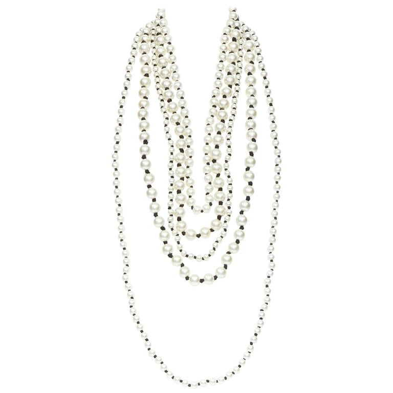 runway CHANEL oversized pearl black ribbon multi-strand statement necklace  rare