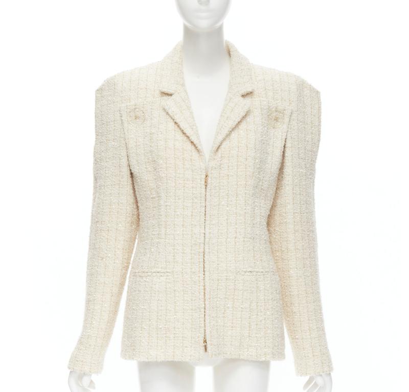 Gold Runway CHANEL Paris Cosmopolite gold ecru Fantasy tweed split shoulder jacket 46