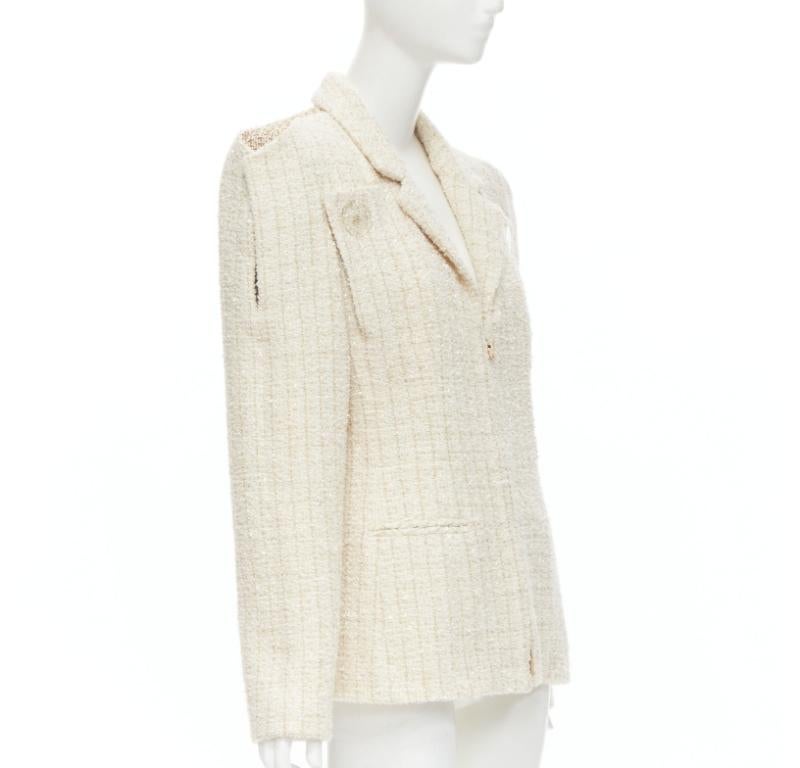 Runway CHANEL Paris Cosmopolite gold ecru Fantasy tweed split shoulder jacket 46 In Excellent Condition In Hong Kong, NT