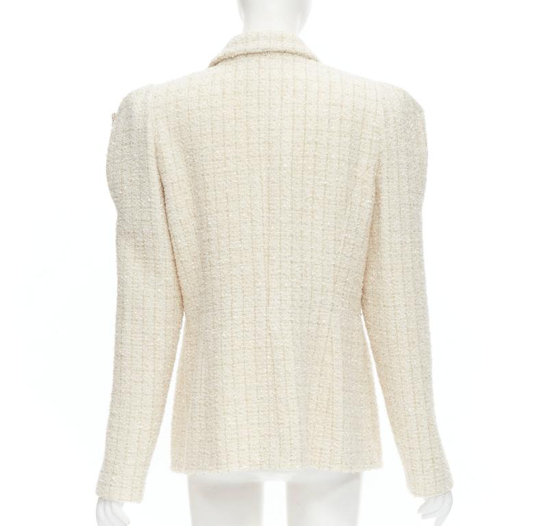Runway CHANEL Paris Cosmopolite gold ecru Fantasy tweed split shoulder jacket 46 1