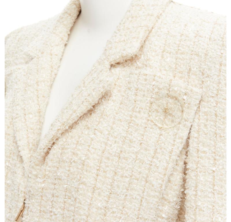 Runway CHANEL Paris Cosmopolite gold ecru Fantasy tweed split shoulder jacket 46 3