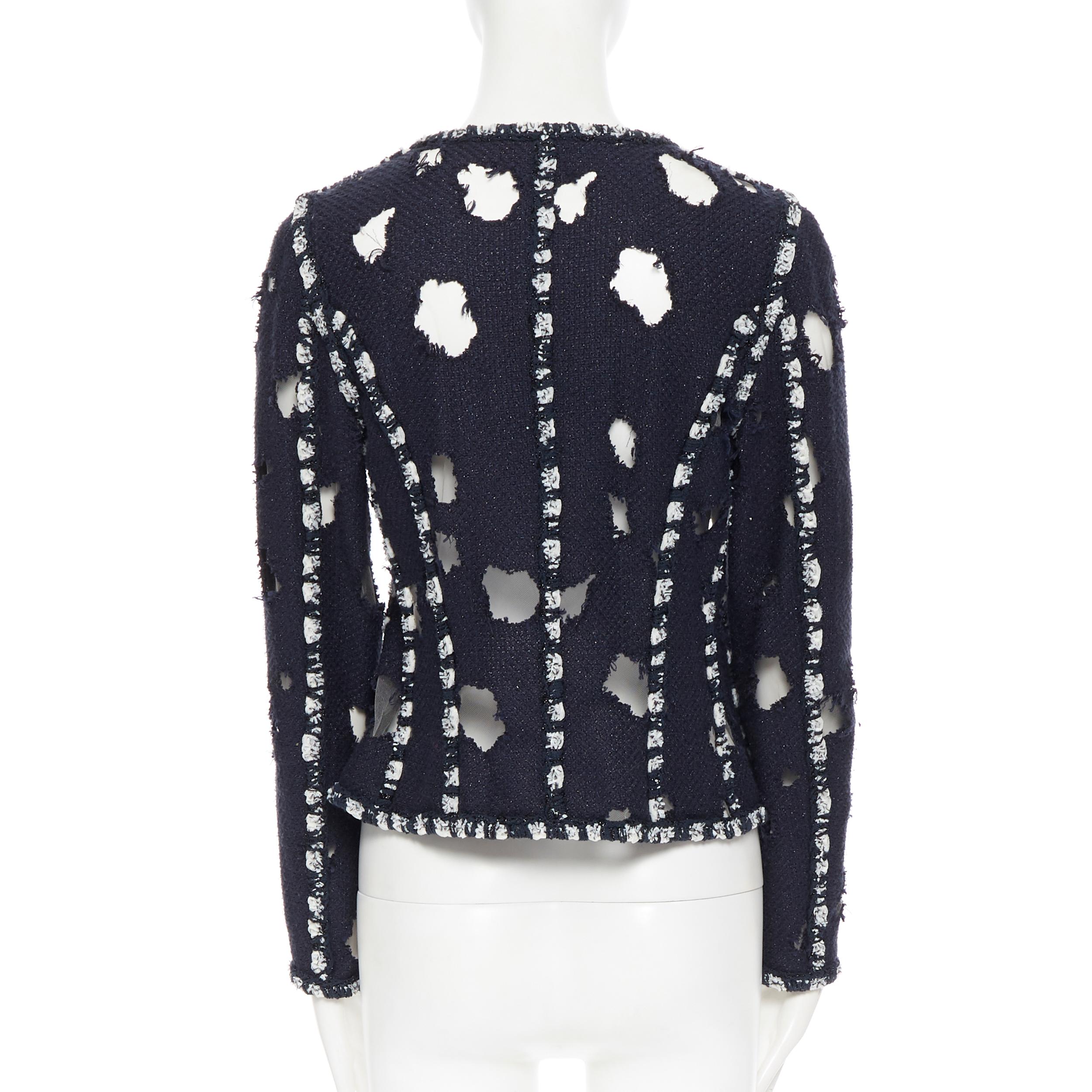 runway CHANEL SS11 navy blue tweed distressed holey tweed punk crop jacket FR38 In Excellent Condition In Hong Kong, NT