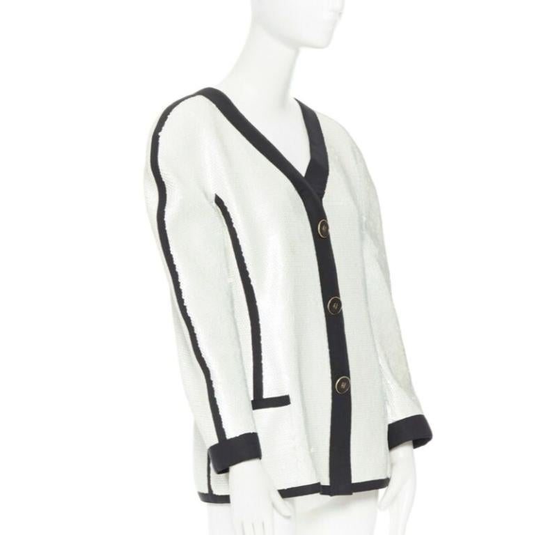 Gray runway CHANEL SS91 white sequin black grosgrain trim scuba zipper jacket FR44 For Sale