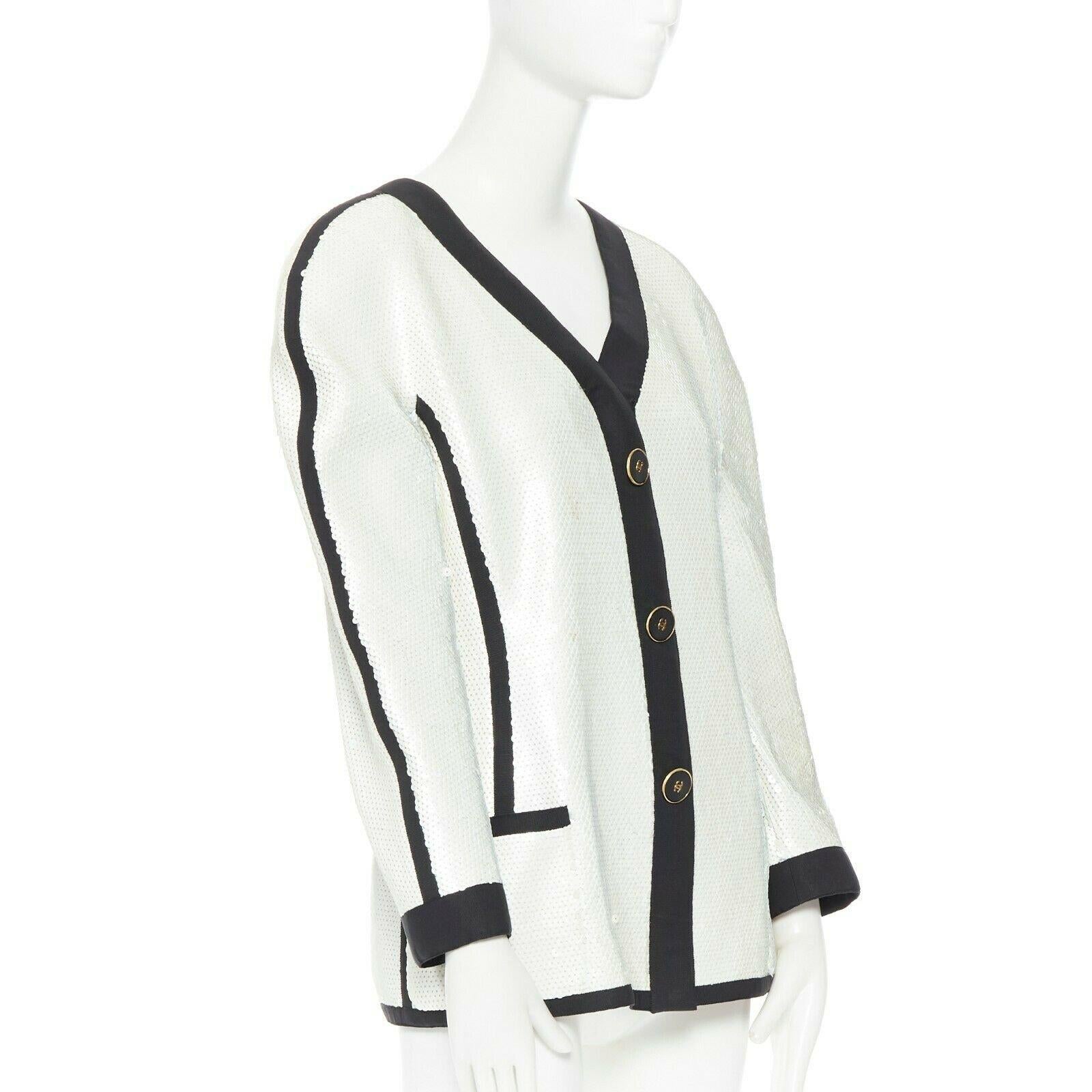 Women's runway CHANEL SS91 white sequin black grosgrain trim scuba zipper jacket FR44 For Sale