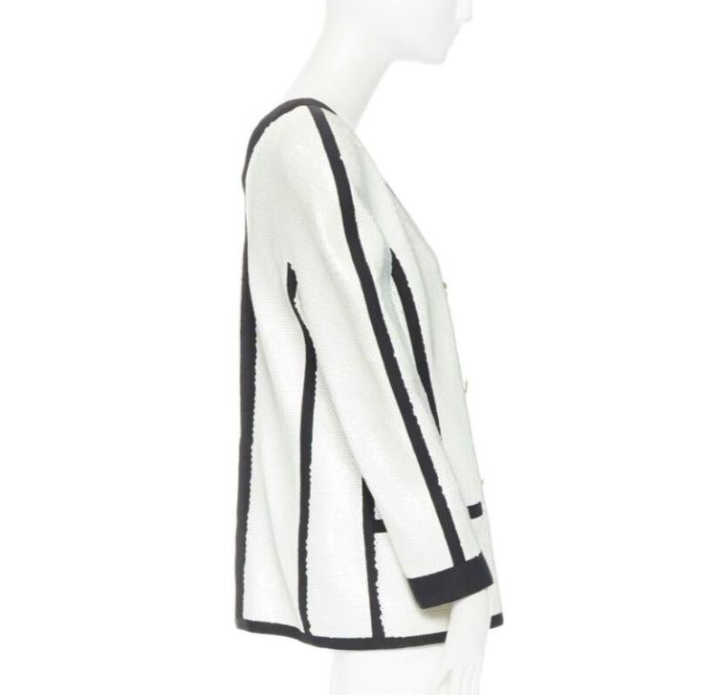 runway CHANEL SS91 white sequin black grosgrain trim scuba zipper jacket FR44 In Good Condition For Sale In Hong Kong, NT