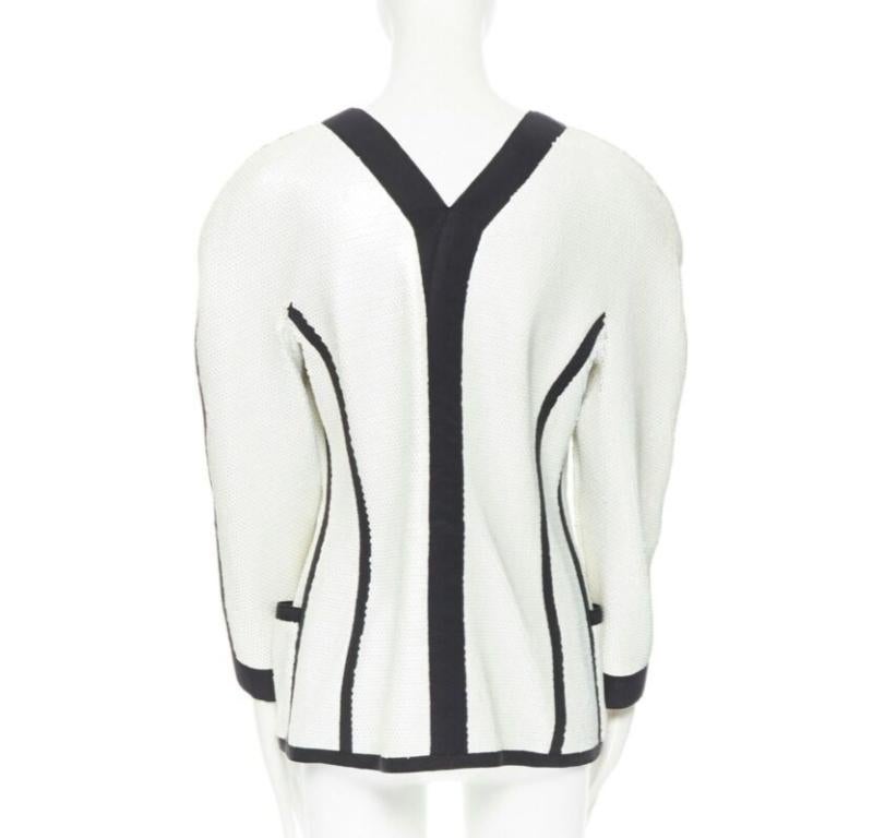Women's runway CHANEL SS91 white sequin black grosgrain trim scuba zipper jacket FR44 For Sale