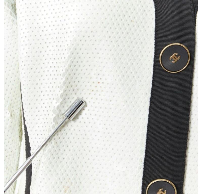 runway CHANEL SS91 white sequin black grosgrain trim scuba zipper jacket FR44 For Sale 2