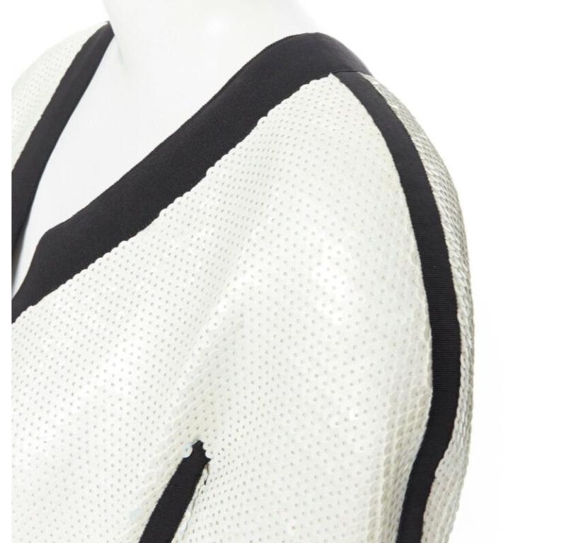 runway CHANEL SS91 white sequin black grosgrain trim scuba zipper jacket FR44 For Sale 3