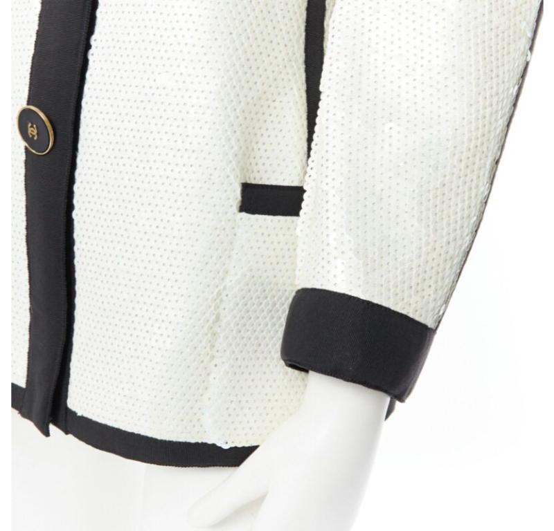 runway CHANEL SS91 white sequin black grosgrain trim scuba zipper jacket FR44 For Sale 4