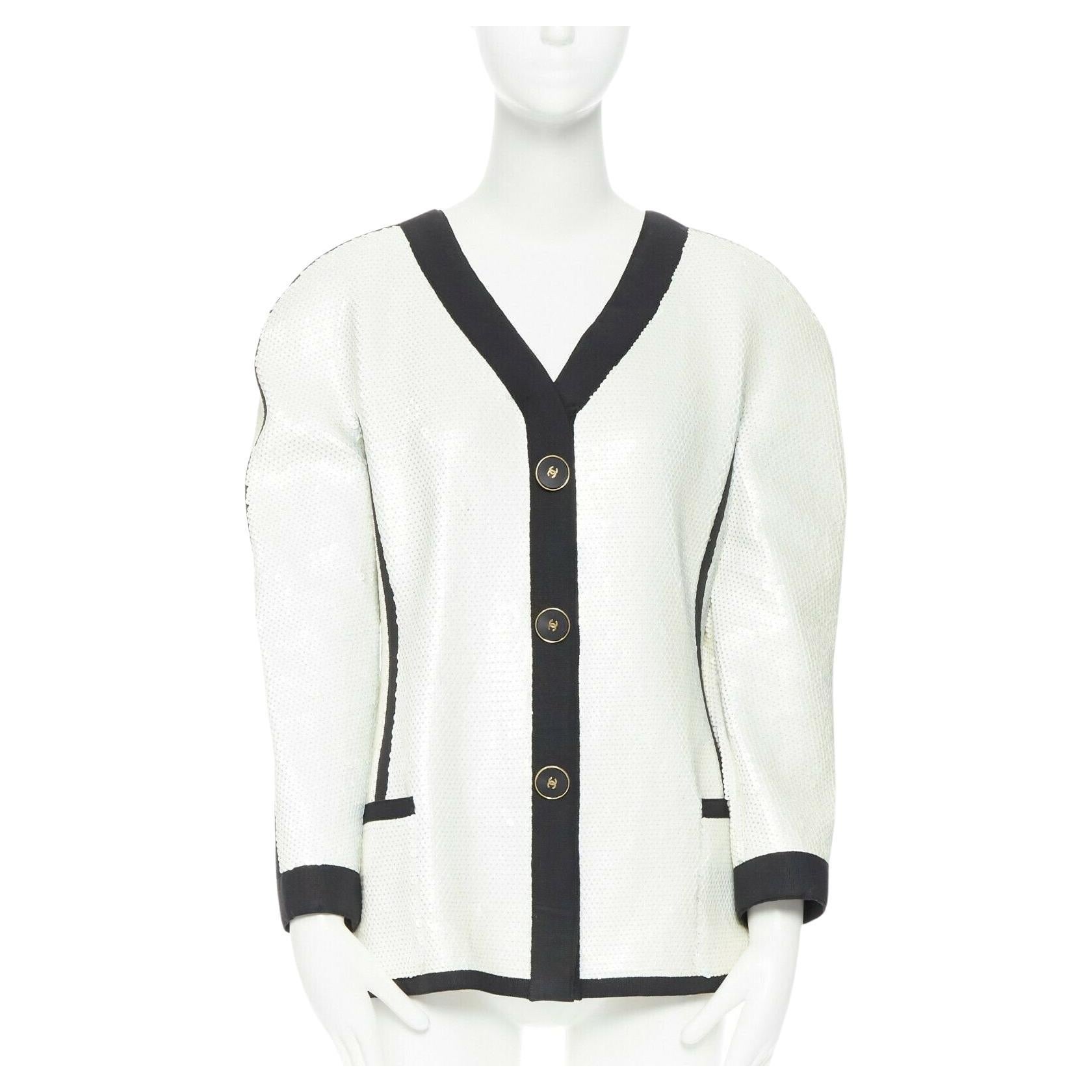 runway CHANEL SS91 white sequin black grosgrain trim scuba zipper jacket FR44 For Sale