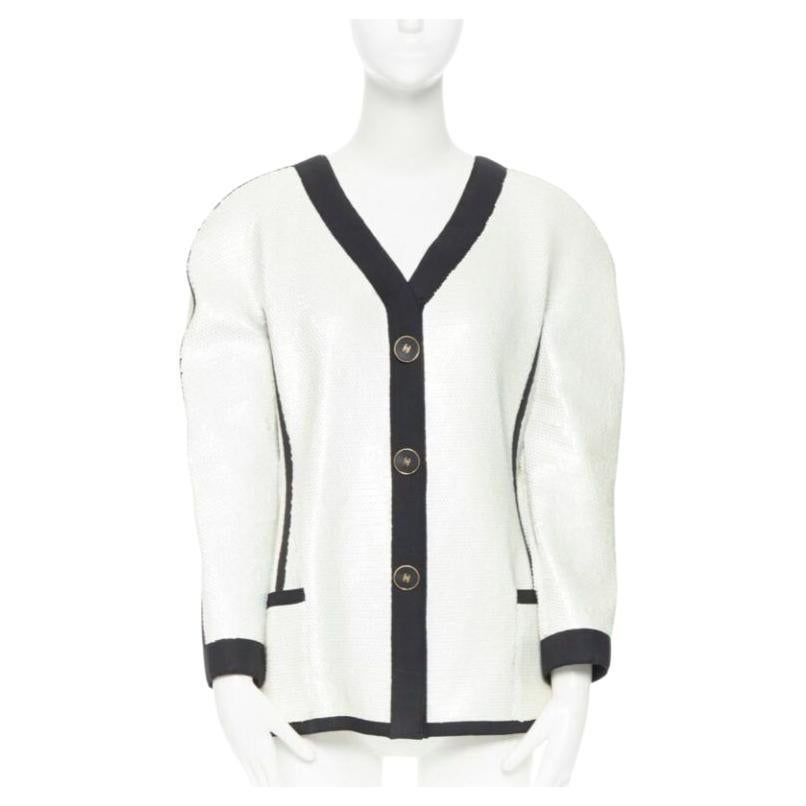 runway CHANEL SS91 white sequin black grosgrain trim scuba zipper jacket FR44 For Sale