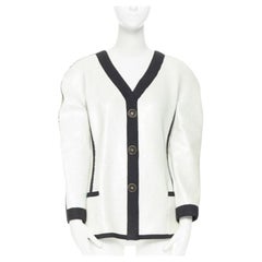 Vintage runway CHANEL SS91 white sequin black grosgrain trim scuba zipper jacket FR44