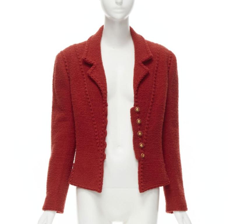 Laufsteg CHANEL Vintage 93A Rotes Korsett aus Boucle-Tweed  Jacke FR44 im Zustand „Hervorragend“ im Angebot in Hong Kong, NT